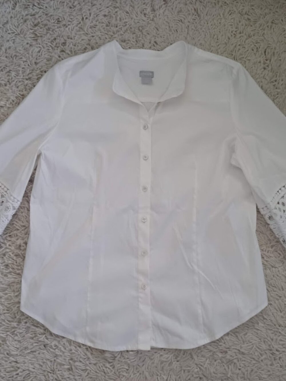 Chico's White Lace Crochet Sleeve Button Blouse Size 2 US 12 Boho Cotton